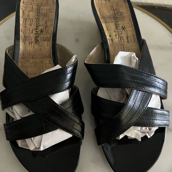 Women’s Slip Op Sandals ‘ Montego Bay Club’  Black Cork Wedge 9.5 - Picture 1 of 5